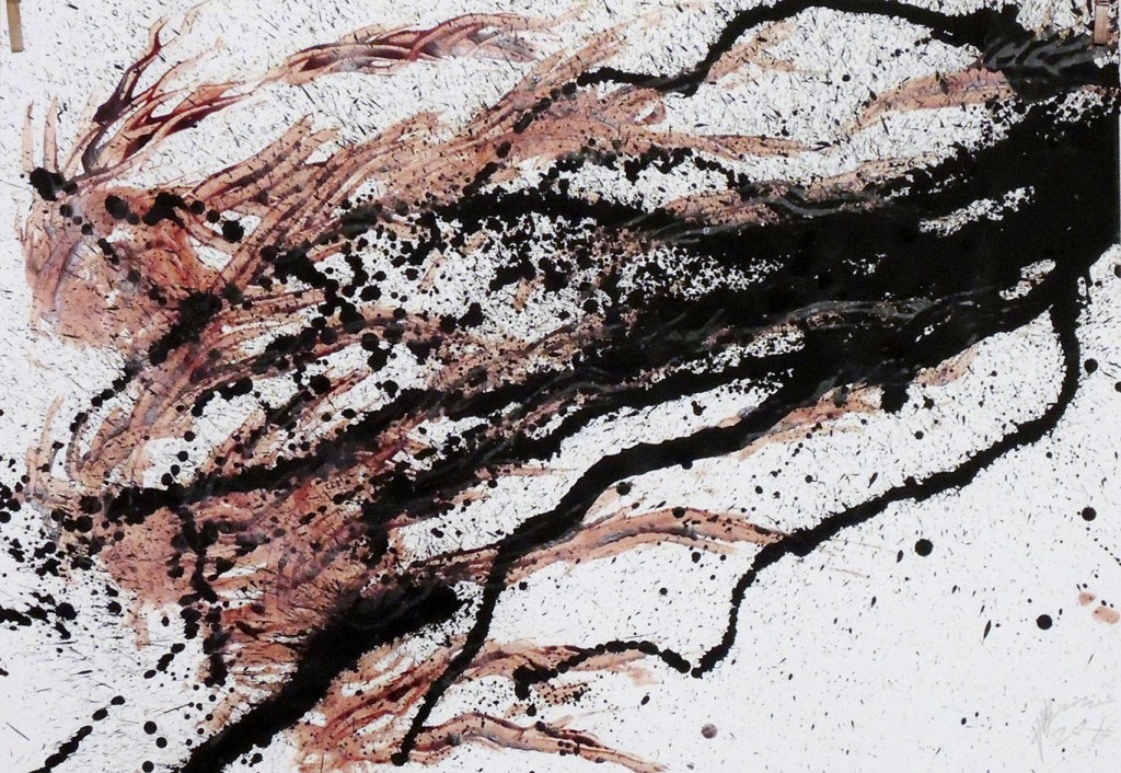 Peter Gilles: o.T., 2015, Blut, Kohle auf Bütten, 100x70 cm